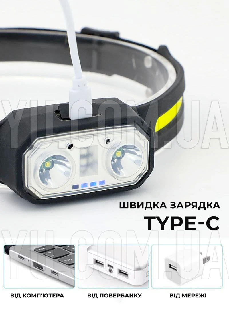 Мощный налобный фонарь с сенсорным датчиком Coba CB-802 с зарядкой от Type-C